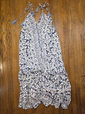 Handmade Tortuga V-Neck Maxi Dress in Blue & Cream Floral Poly Silk Gold Accents